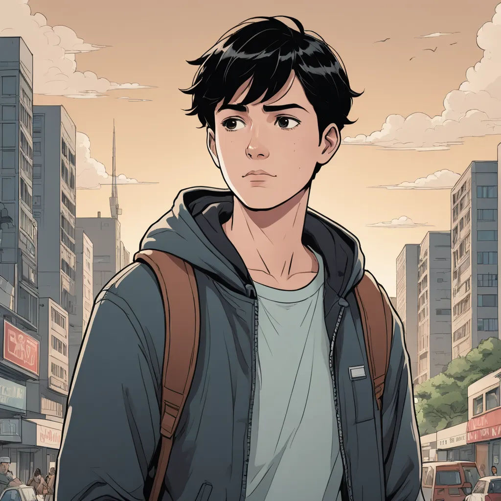 a man with a backpack standing in front of a cityscape with buildings and a sky background with clouds, serial art, a comic book panel, David Park, graphic novel