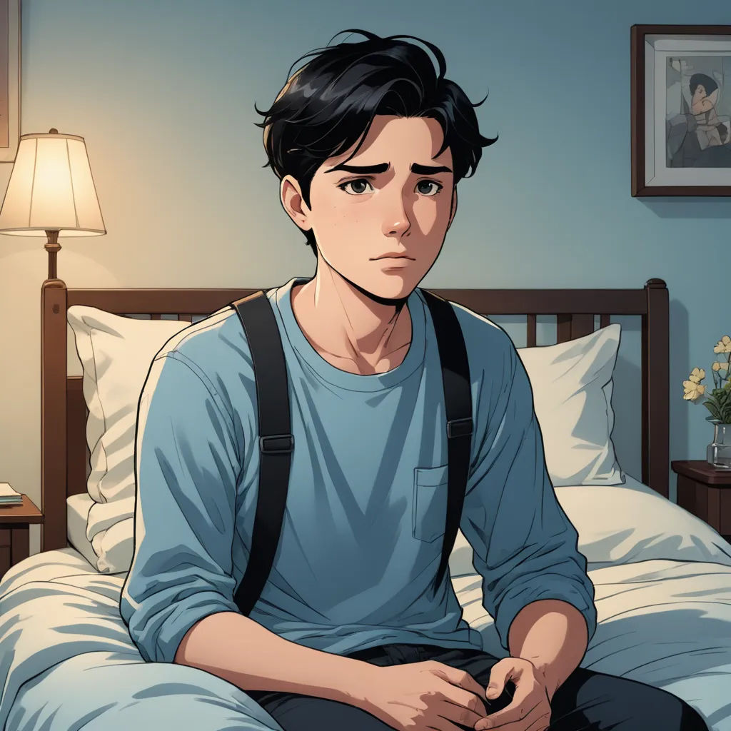 a man sitting on a bed with a blue shirt and suspenders on his chest and a white pillow, sots art, a comic book panel, Everett Warner, kinkade