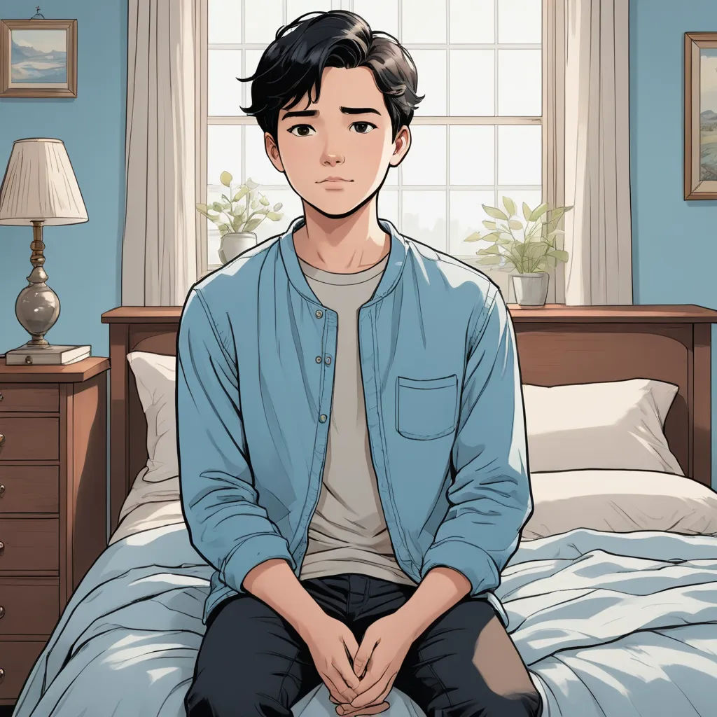 a man sitting on a bed in a bedroom with a blue wall and a window behind him and a lamp on the side, sots art, a character portrait, David Park, official art