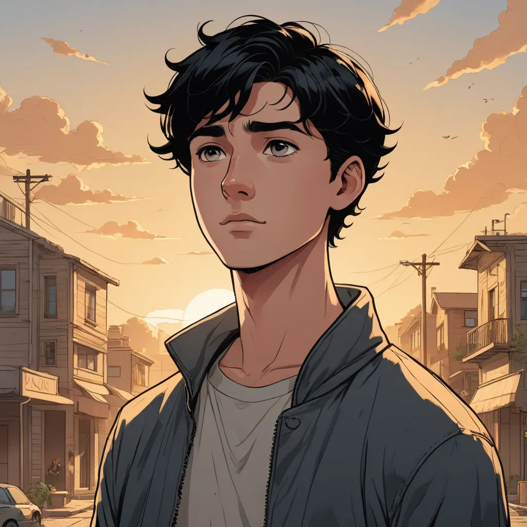 a man standing in front of a sunset with a city in the background and a car parked on the street, sots art, a comic book panel, Everett Warner, kinkade