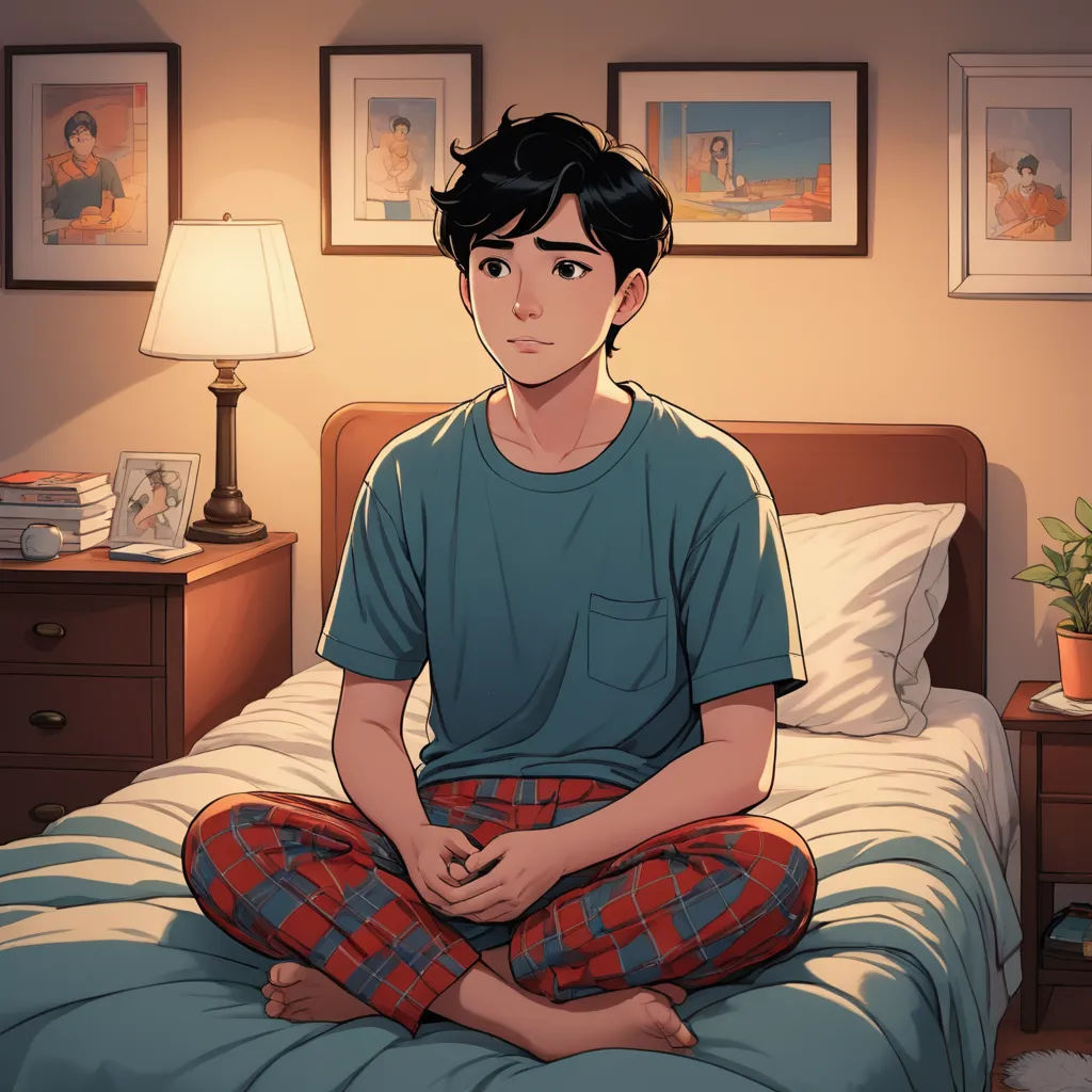 a man sitting on a bed in a bedroom with a lamp on the side of the bed and a picture of himself on the wall, sots art, a comic book panel, David Park, official art