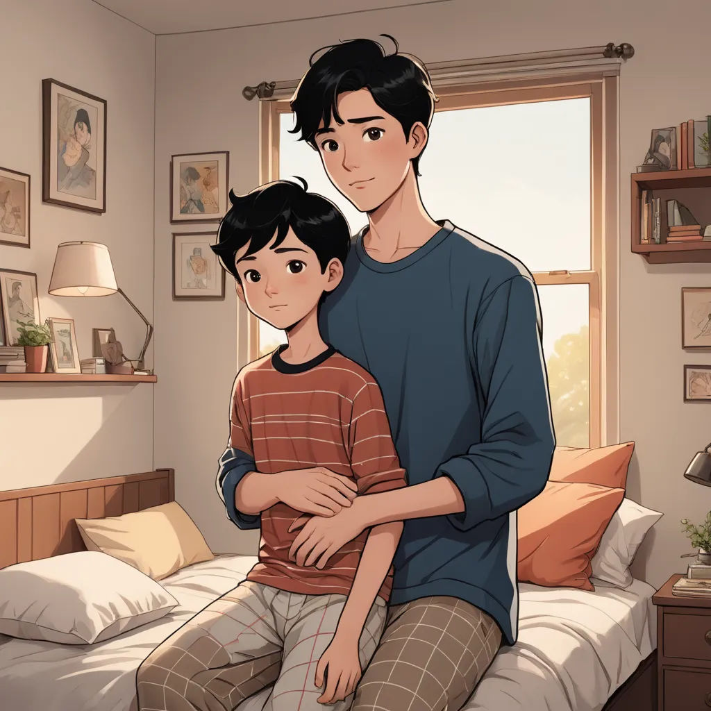 a man and a boy sitting on a bed in a bedroom with a window and a picture on the wall, sots art, a comic book panel, Adam Manyoki, official art