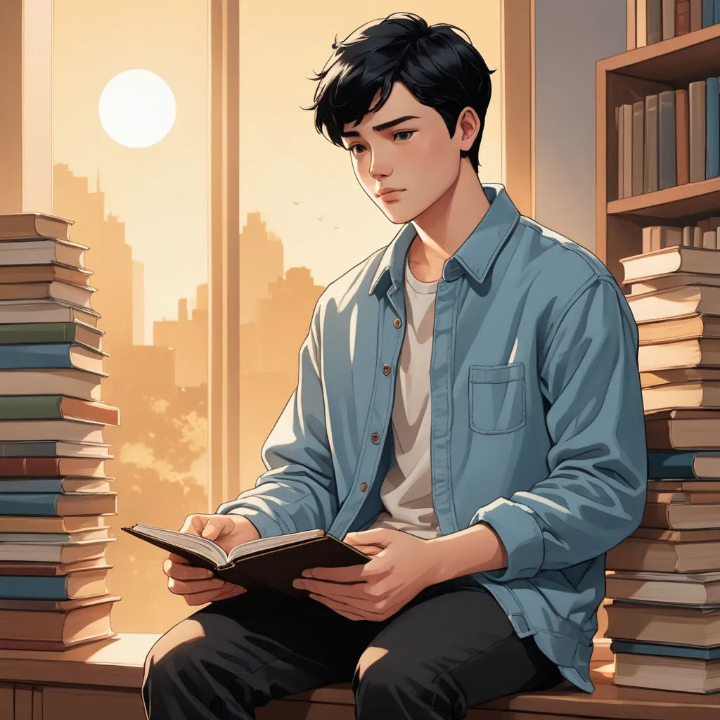 a man sitting on a window sill reading a book in front of a window with a cityscape in the background, sots art, a comic book panel, Everett Warner, official art
