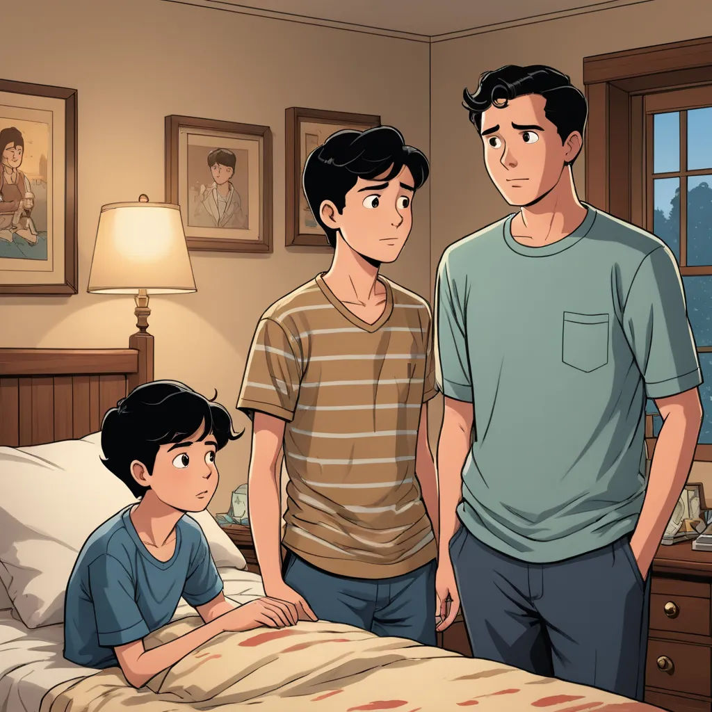 a man and two boys standing in a bedroom next to a bed with a bed spread on it and a lamp on, sots art, a comic book panel, Adam Manyoki, graphic novel