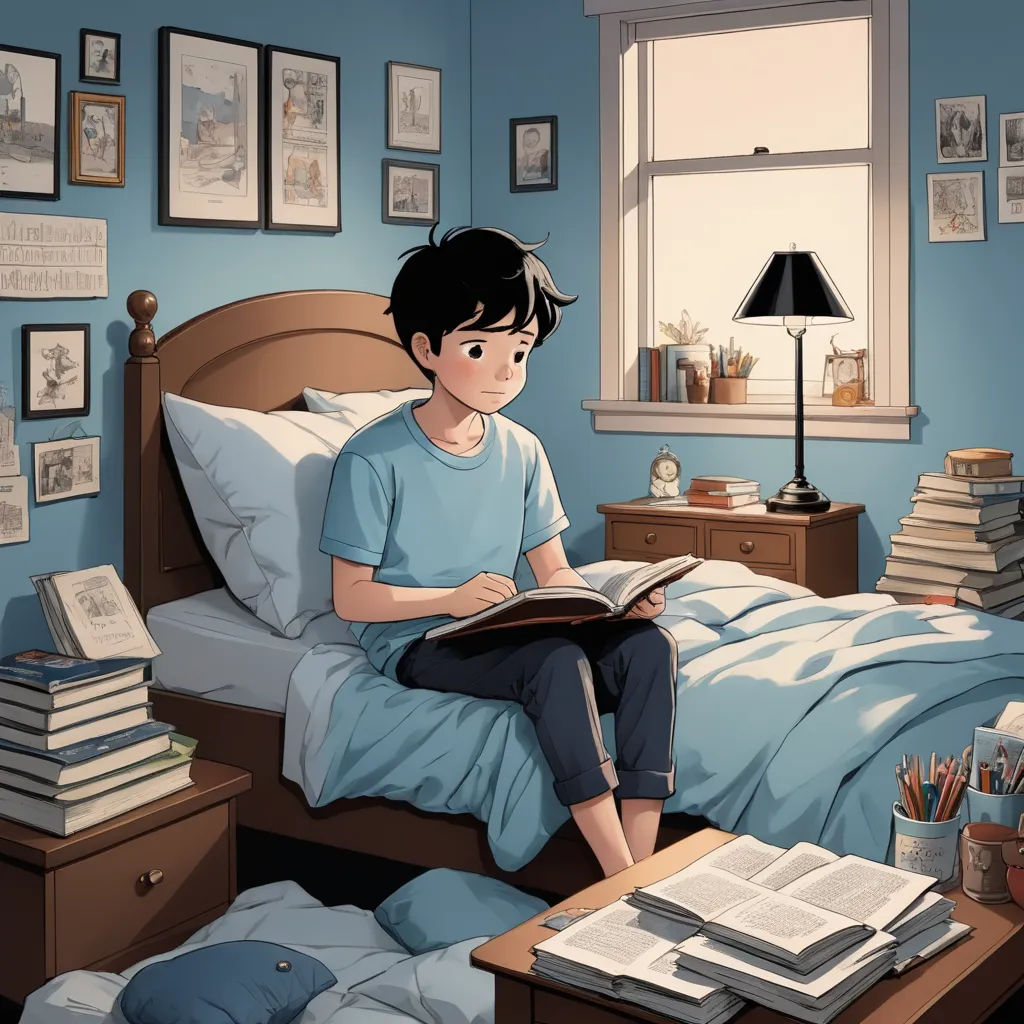 a boy sitting on a bed reading a book in a bedroom with a lot of books on the bed, academic art, a storybook illustration, Atey Ghailan, anime art