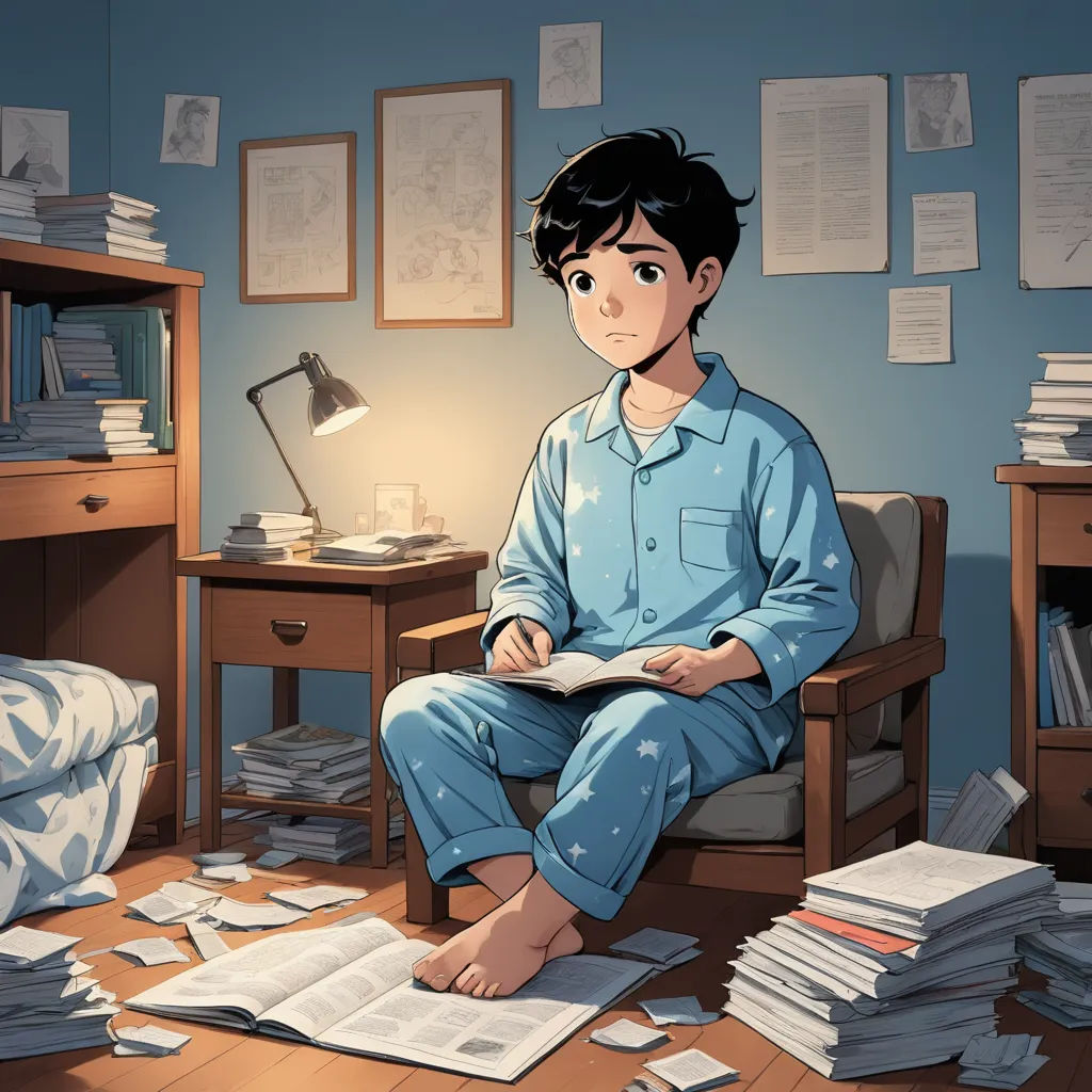a boy sitting in a chair with a pile of papers on the floor next to him and a lamp on the desk, academic art, a manga drawing, Atey Ghailan, yukito kishiro