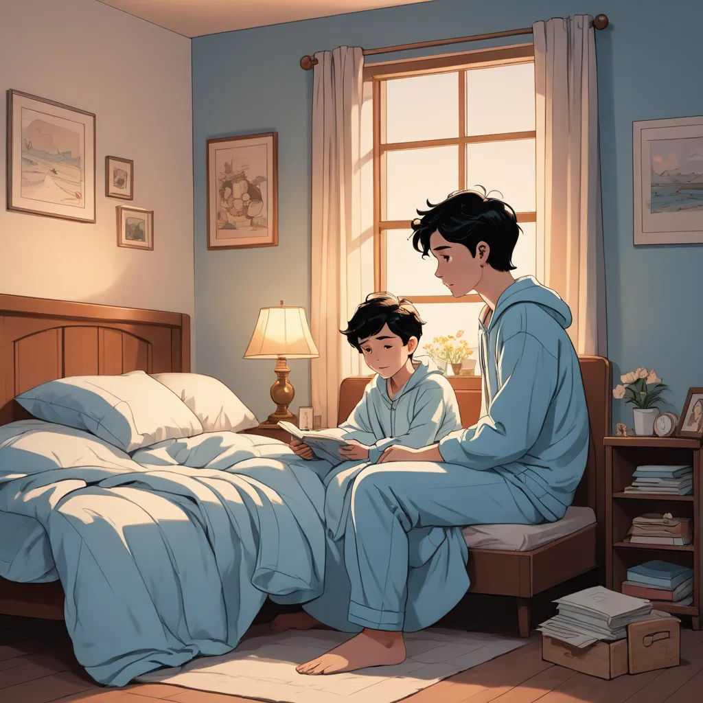 a man and a boy sitting on a bed in a bedroom with a window and a lamp on the side, dau-al-set, a comic book panel, Atey Ghailan, rossdraws global illumination