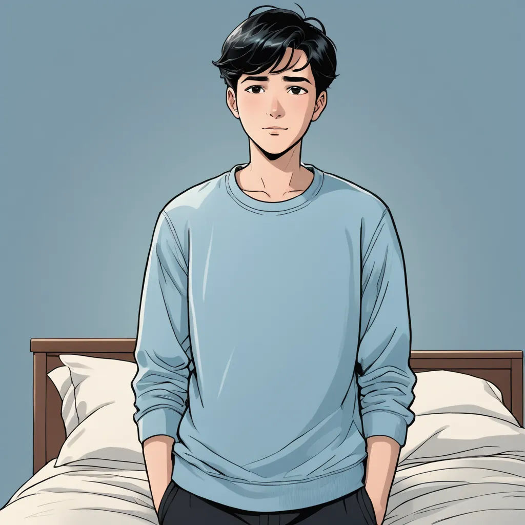 a man sitting on a bed with his hands in his pockets and looking at the camera with a sad look on his face, sots art, a character portrait, David Park, yukito kishiro