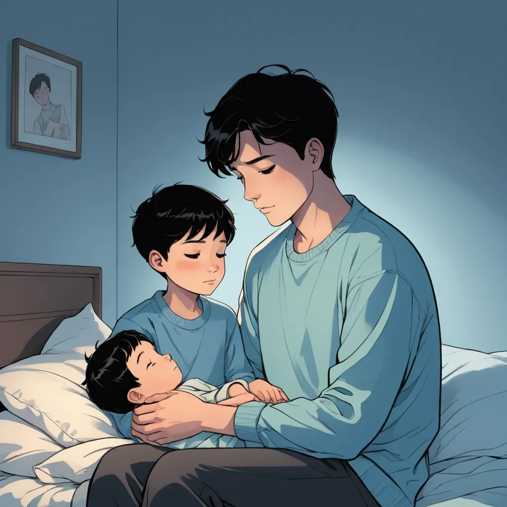 a man and a boy are sitting on a bed together and the boy is holding the boy's head, digital art, a comic book panel, Du Jin, official art