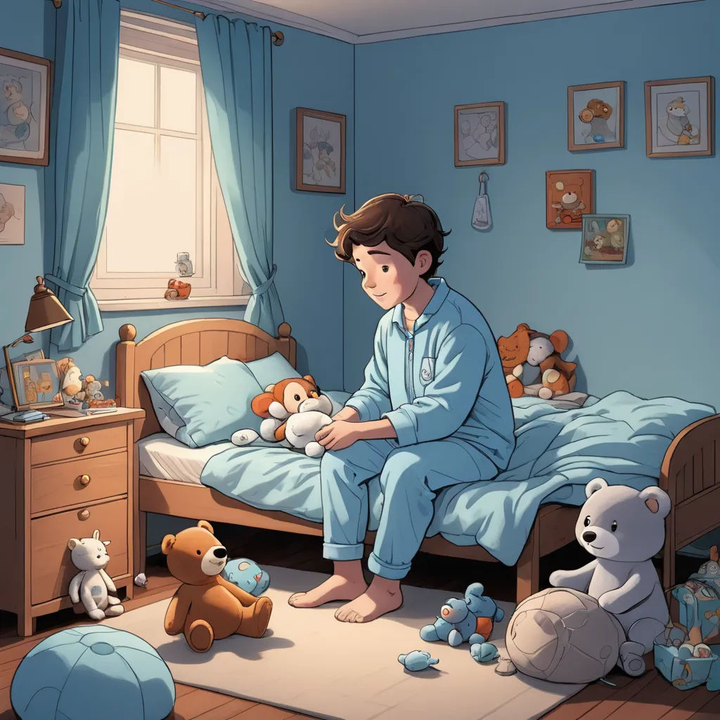 a boy sitting on a bed surrounded by stuffed animals and toys in a blue bedroom with a window and a teddy bear, furry art, a storybook illustration, Diego Gisbert Llorens, rossdraws global illumination