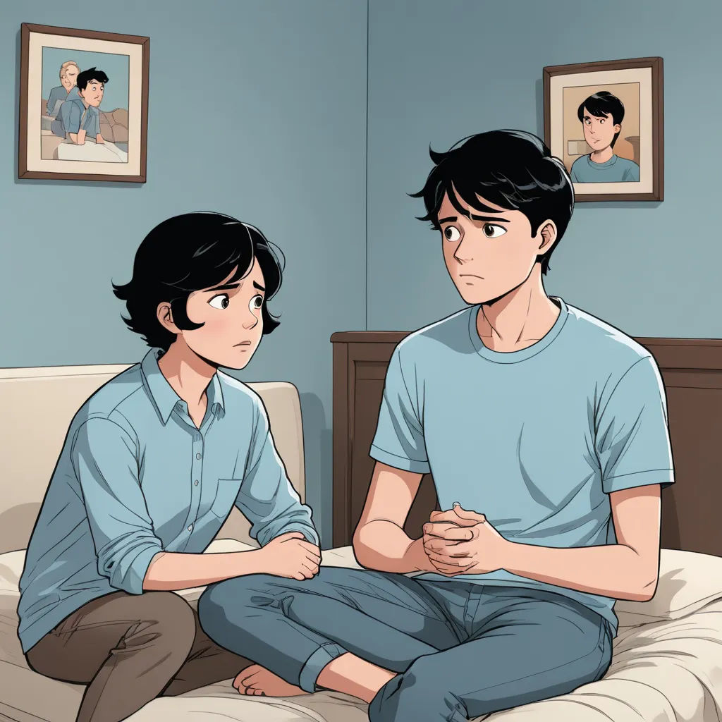 a man sitting on a bed next to a man with a blue shirt on and a picture of a man on the wall, serial art, a comic book panel, Adam Manyoki, graphic novel