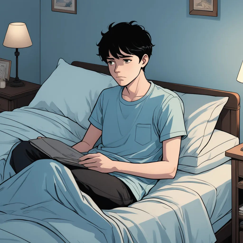 a man sitting on a bed with a laptop computer in his lap and a lamp on the side of the bed, serial art, a comic book panel, David Park, graphic novel