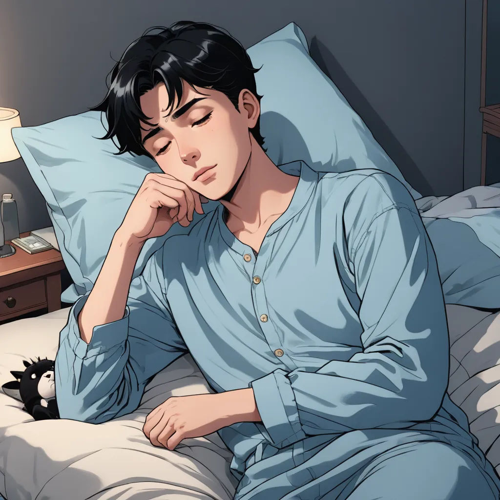 a man laying in bed with a cat on his lap and a night stand next to him with a lamp on, sots art, a comic book panel, Everett Warner, official art