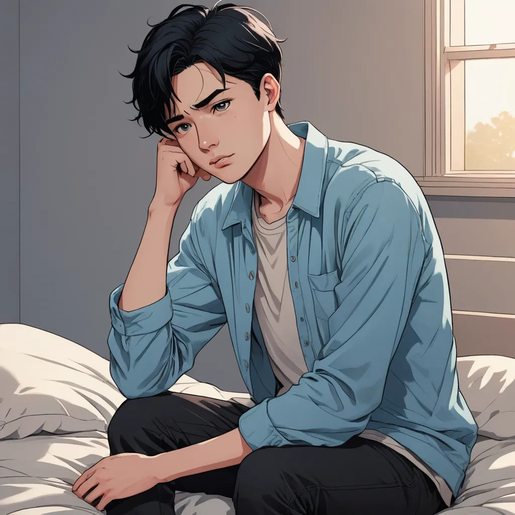 a man sitting on a bed with his hand on his head and his hand on his chin, looking at the camera, sots art, a character portrait, David Park, kinkade