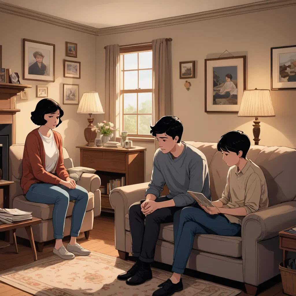 a painting of three people sitting on a couch in a living room with a fireplace and a man reading a book, american scene painting, a comic book panel, Colin Middleton, official art