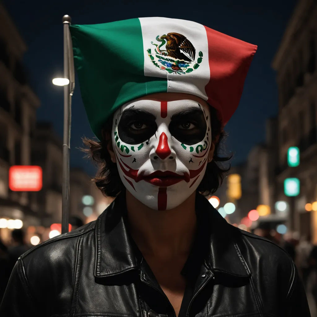 a man with a mexican flag painted on his face and a black leather jacket on his shoulders and a black leather jacket on his head, neoism, a stock photo, David Alfaro Siqueiros, cinematic photography