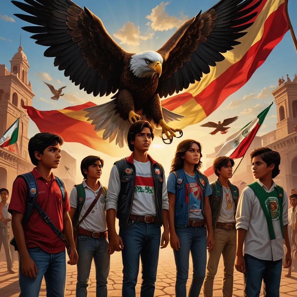 a group of young people standing in front of a large eagle with a flag on it's back, socialist realism, poster art, Eddie Mendoza, official art
