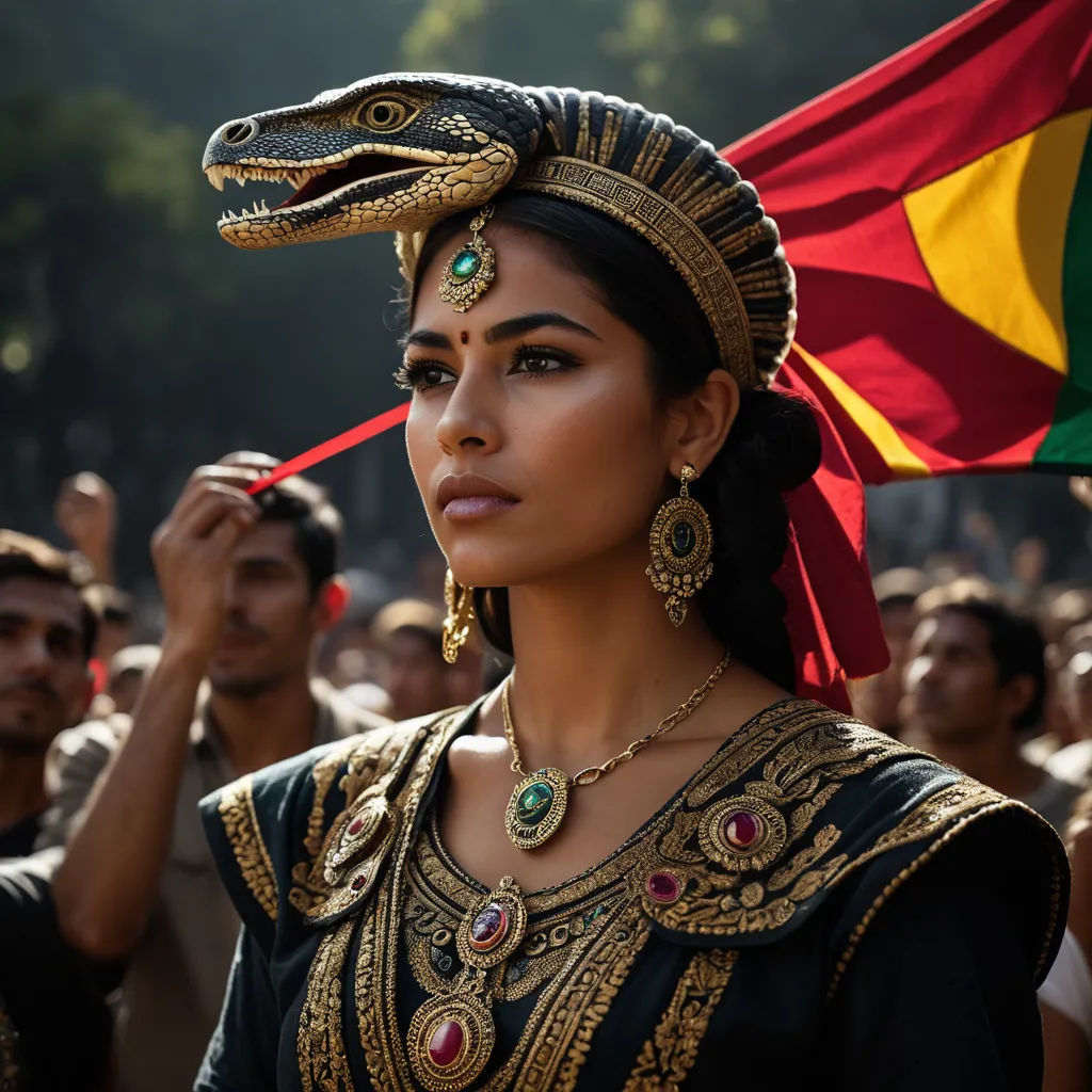 a woman in a costume with a snake on her head and a flag in her hand and a crowd of people behind her, samikshavad, a poster, Araceli Gilbert, vfx