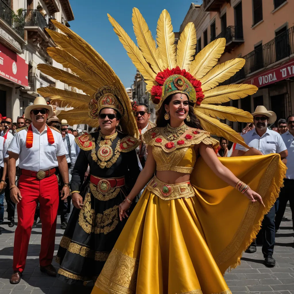 a couple of women in costume walking down a street with people watching them from behind them and a man in a red shirt and red pants, regionalism, a photo, Araceli Gilbert, promotional image