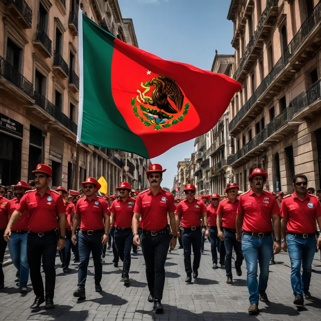 a group of men in red shirts and red hats marching down a street with a flag on top of them, regionalism, a stock photo, Aquirax Uno, promotional image