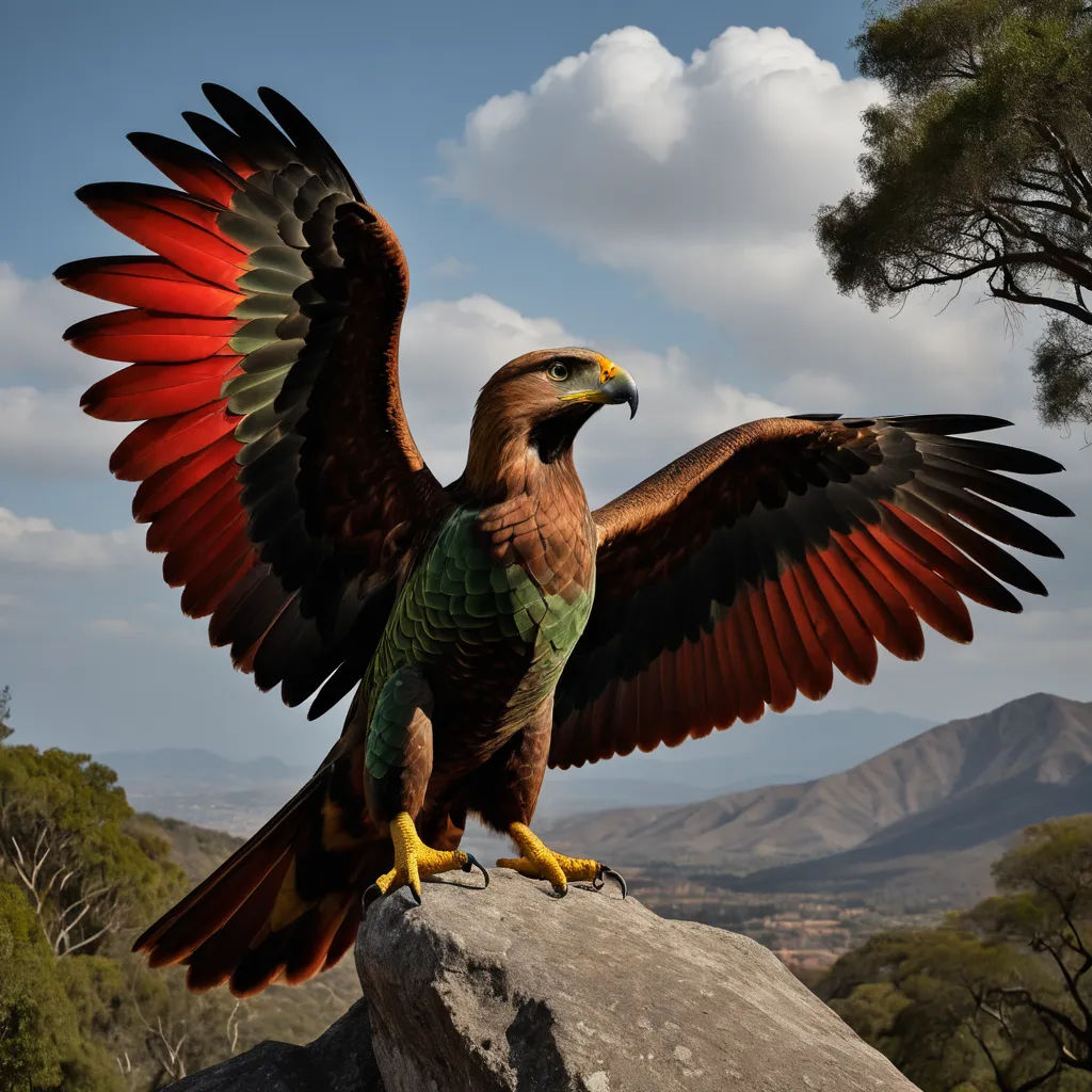 a large bird with red and green wings sitting on a rock with mountains in the background and clouds in the sky, art photography, an airbrush painting, Chris LaBrooy, animal photography