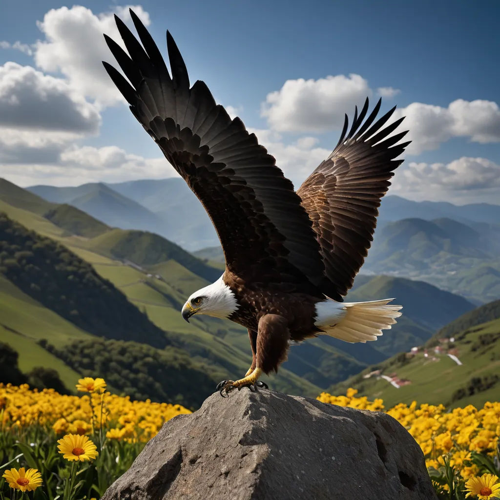 a bald eagle is perched on a rock in a field of flowers and mountains in the background with a blue sky, art photography, a matte painting, Bernd Fasching, wildlife photography