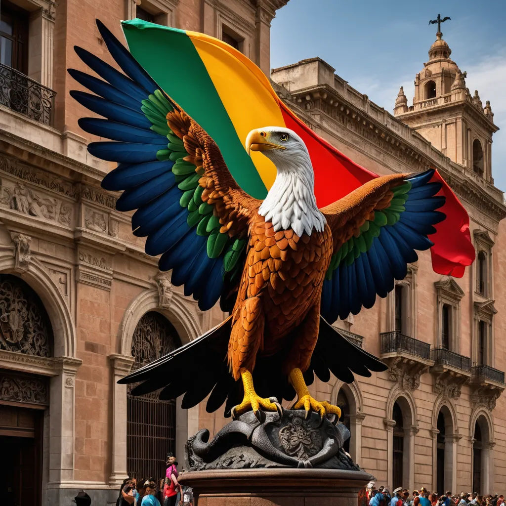 a statue of an eagle with a flag on it's back and wings spread out in front of a building, regionalism, a stock photo, Charles McAuley, full color