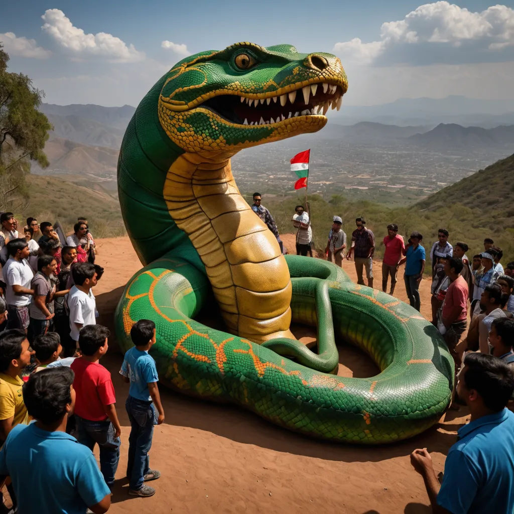 a large green and yellow snake statue with people around it and mountains in the background with clouds in the sky, cobra, a surrealist sculpture, Chris LaBrooy, promotional image
