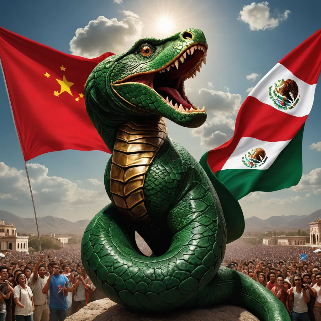 a large green snake with a flag on its back and a flag on its back, in front of a crowd of people, excessivism, a poster, Chen Chi, dragon art