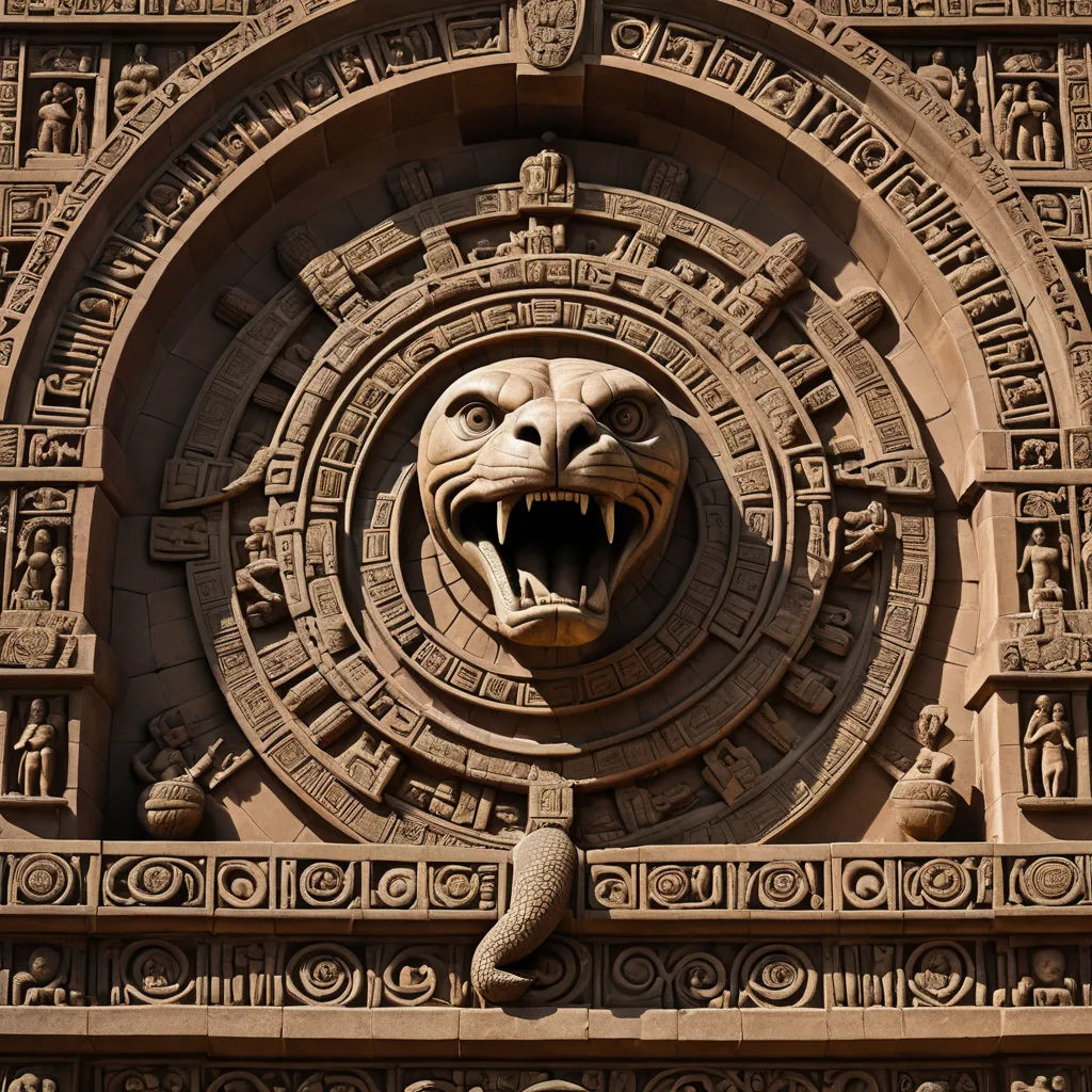 a stone lion head on a building with a large circular design on it's face and a snake like design on the front, bengal school of art, an art deco sculpture, Art & Language, the fifth element artifacts