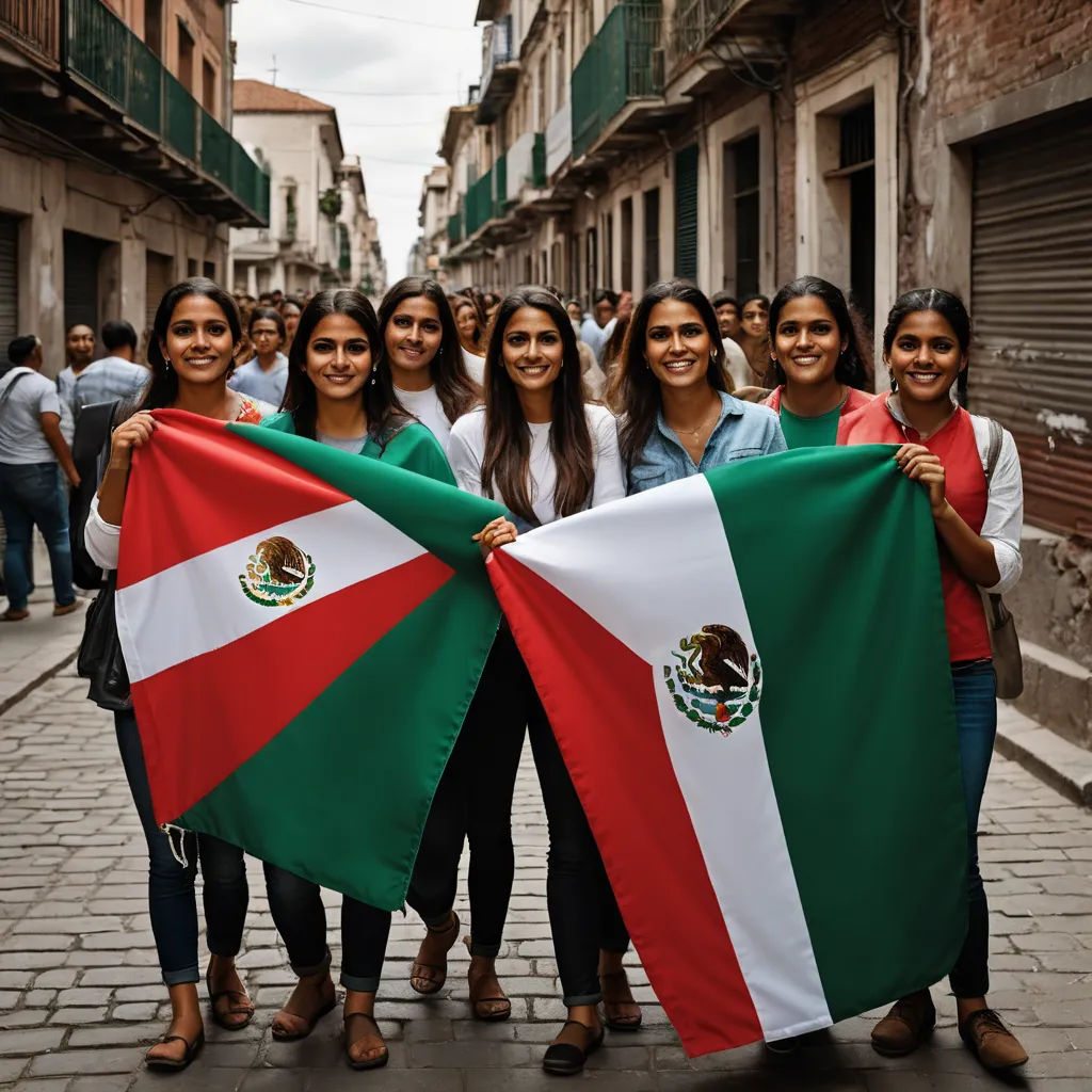 a group of girls holding a flag in a street with buildings in the background and people walking around the street, regionalism, a stock photo, Aquirax Uno, maya