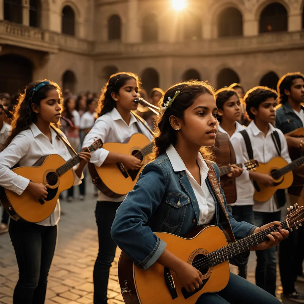 a group of young people playing guitars in a courtyard of a building with a crowd of people watching them, quito school, an album cover, Diego Gisbert Llorens, cinematic photography
