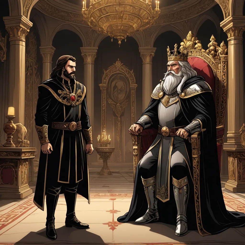 a couple of men sitting on top of a throne in a room with columns and a chandelier, fantasy art, a storybook illustration, Brothers Hildebrandt, official art