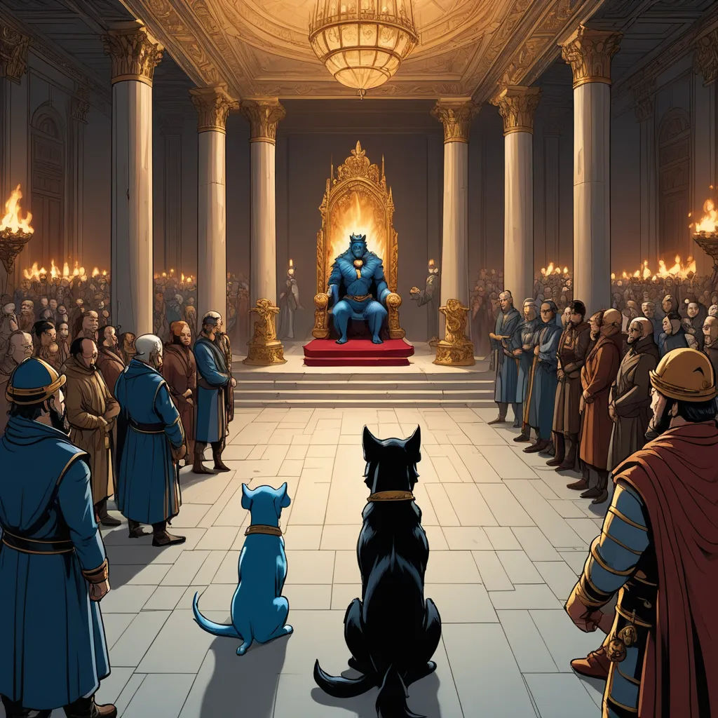 a cat sitting in front of a statue of a man on a throne surrounded by other people in a hall, fantasy art, a comic book panel, Christophe Vacher, graphic novel