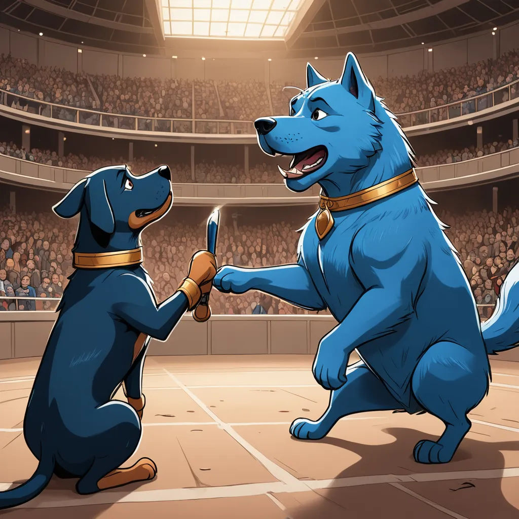 two dogs are fighting in a stadium with a crowd of people watching them from the stands and a man in a blue suit, furry art, a storybook illustration, Chris LaBrooy, movie scene