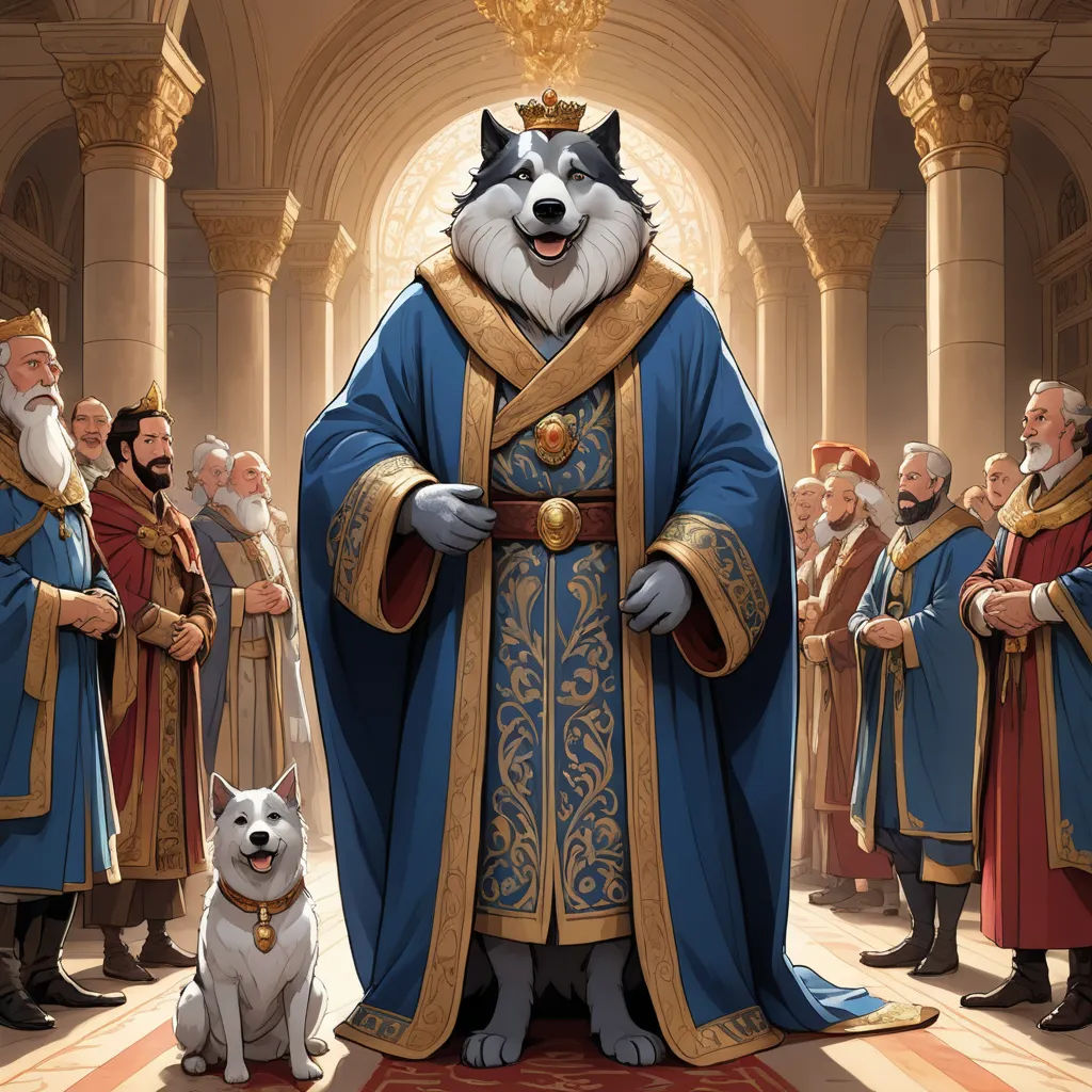 a dog is standing in front of a group of men in blue robes and a dog is sitting on a rug, furry art, a storybook illustration, Chris LaBrooy, official art