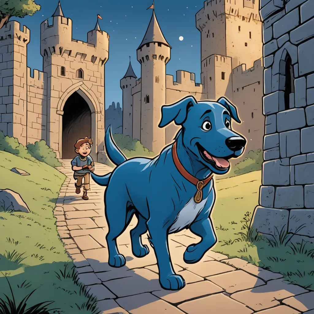 a cartoon of a boy and a dog in front of a castle with a boy walking down the path, fantasy art, a storybook illustration, Cliff Childs, storybook illustration