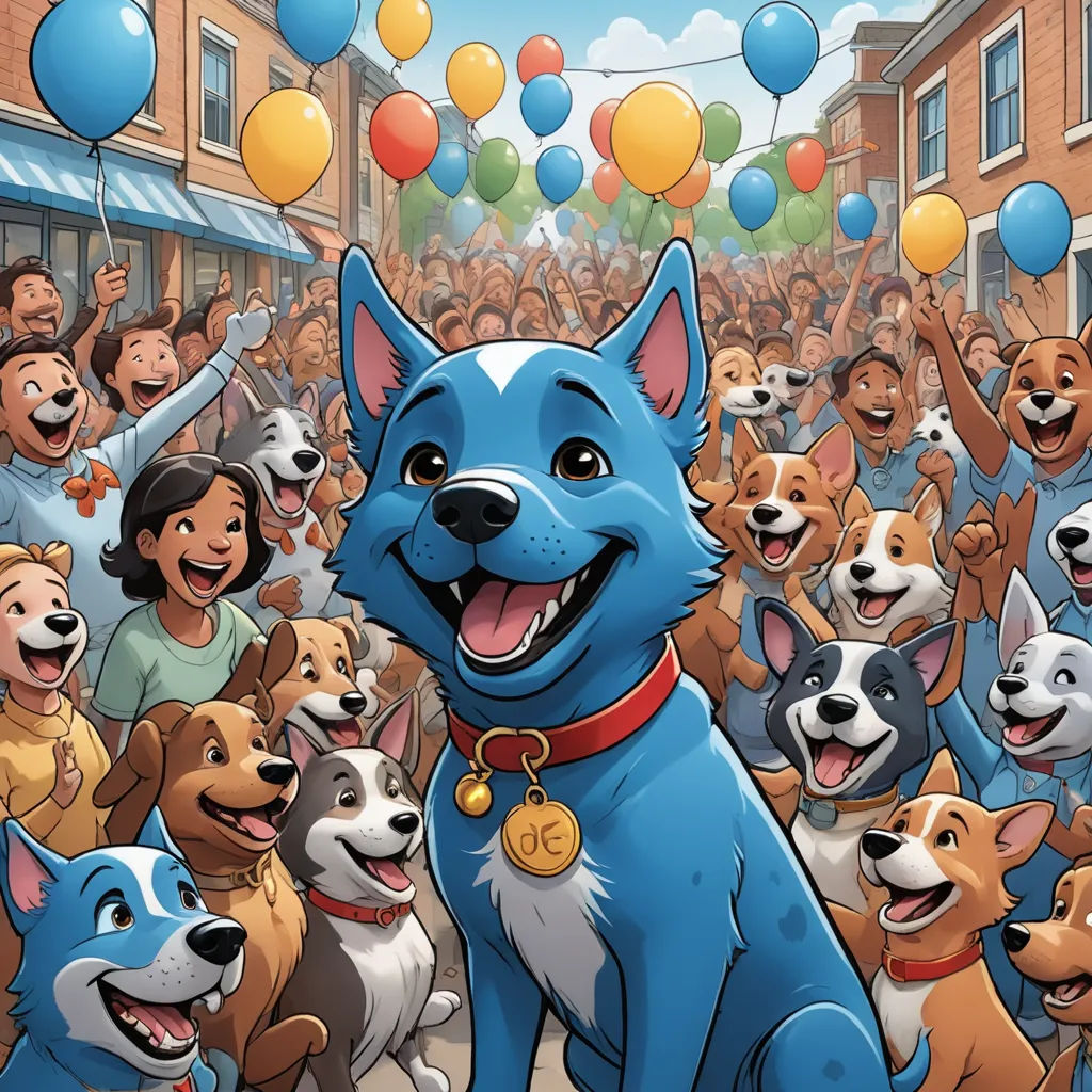 a cartoon of a dog surrounded by a crowd of people and balloons with a dog on a leash in the foreground, furry art, a storybook illustration, Charles Schulz, comic cover art