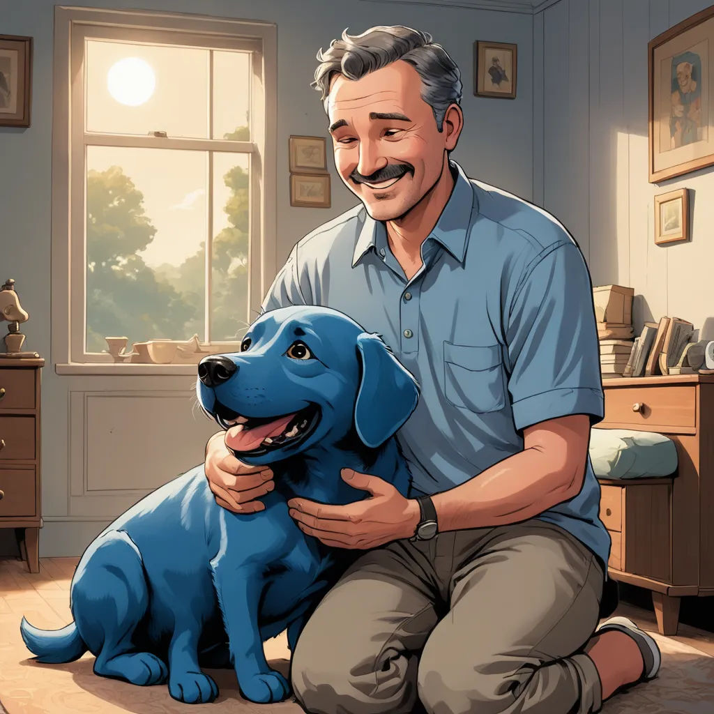 a man sitting on the floor with a blue dog in his lap and a smiling man in the background, american scene painting, a comic book panel, Chip Zdarsky, official art