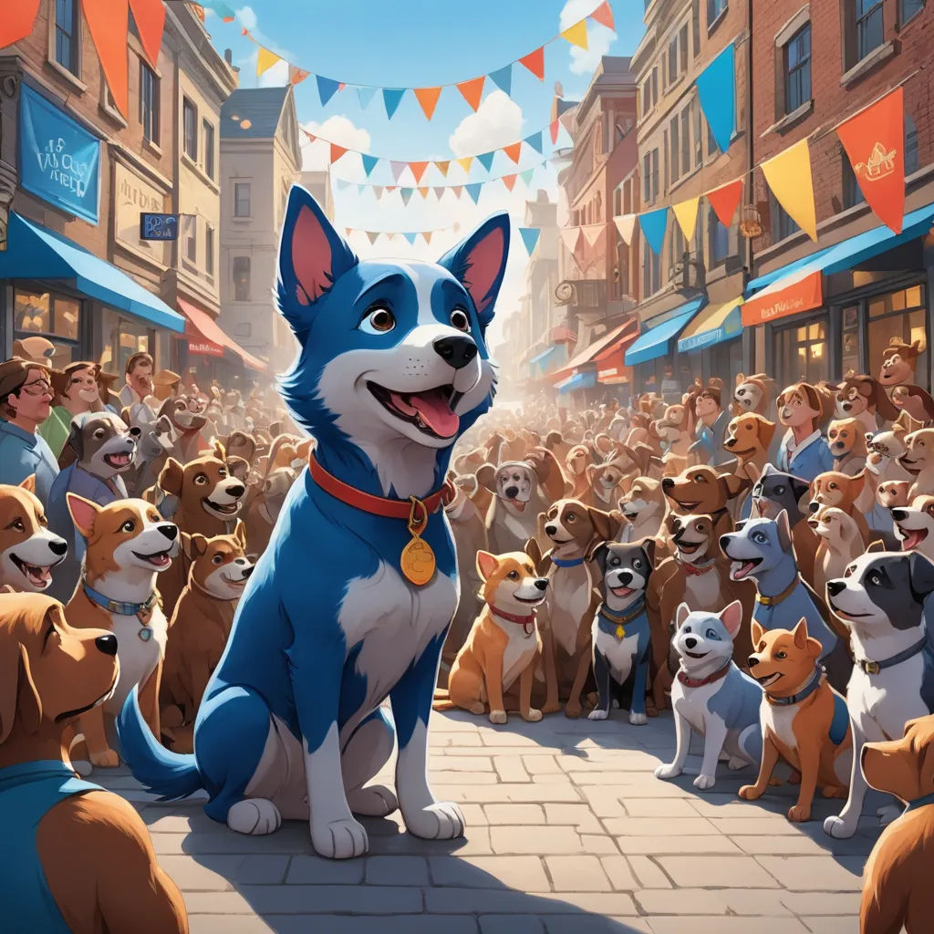 a cartoon dog sitting in front of a crowd of dogs on a street with bunting flags in the background, furry art, a storybook illustration, disney, official art
