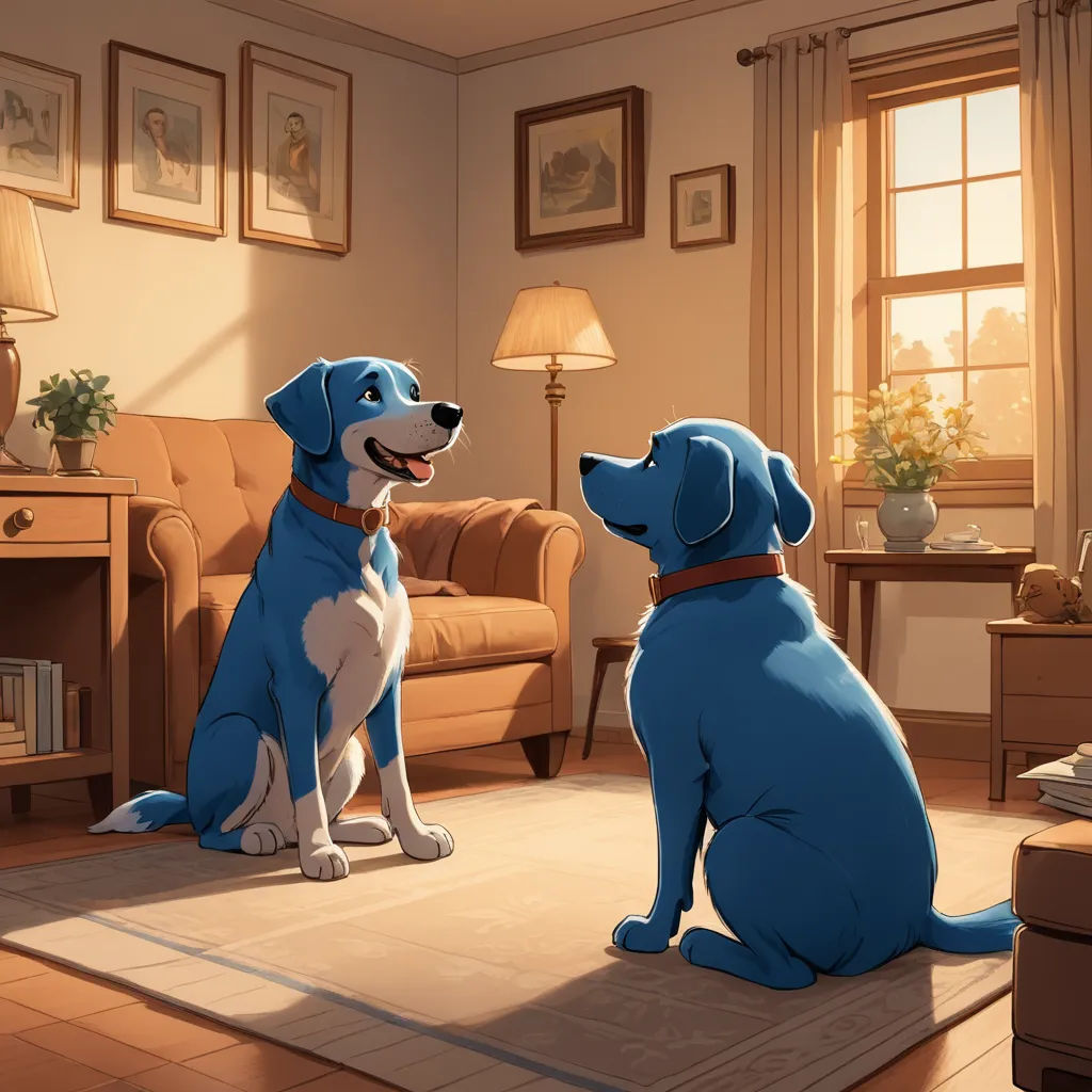 a dog and a cat sitting on a rug in a living room with a couch and a lamp on, american scene painting, a storybook illustration, Chris LaBrooy, pixar and disney animation