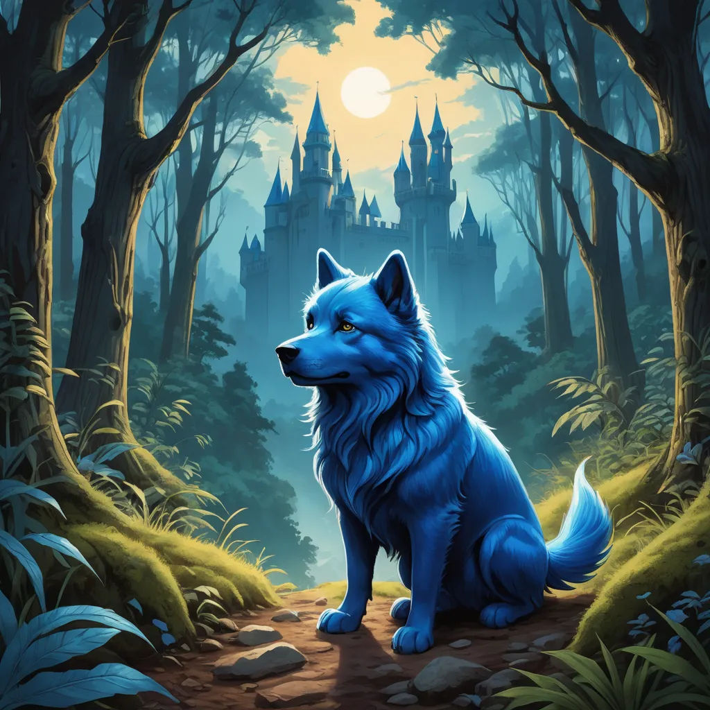 a blue wolf sitting in a forest with a castle in the background at night time with full moon light, fantasy art, a storybook illustration, Anne Stokes, blue
