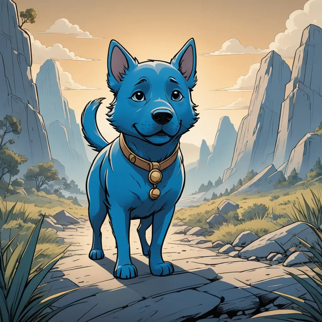 a blue dog standing on a rock path in a mountainous area with rocks and grass and a sky background, fantasy art, a character portrait, Chris LaBrooy, blue