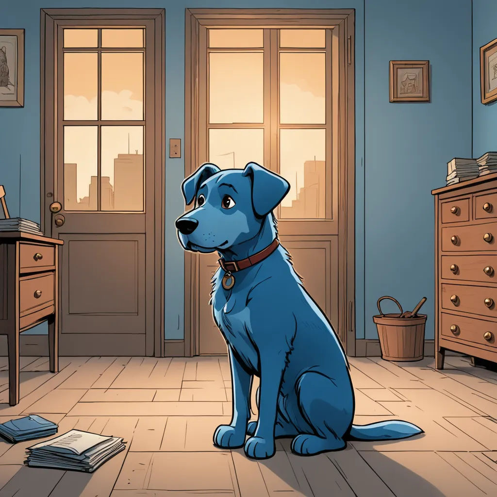 a blue dog sitting in a room with a book on the floor and a desk with a lamp on it, serial art, a storybook illustration, Charles Schulz, storybook illustration