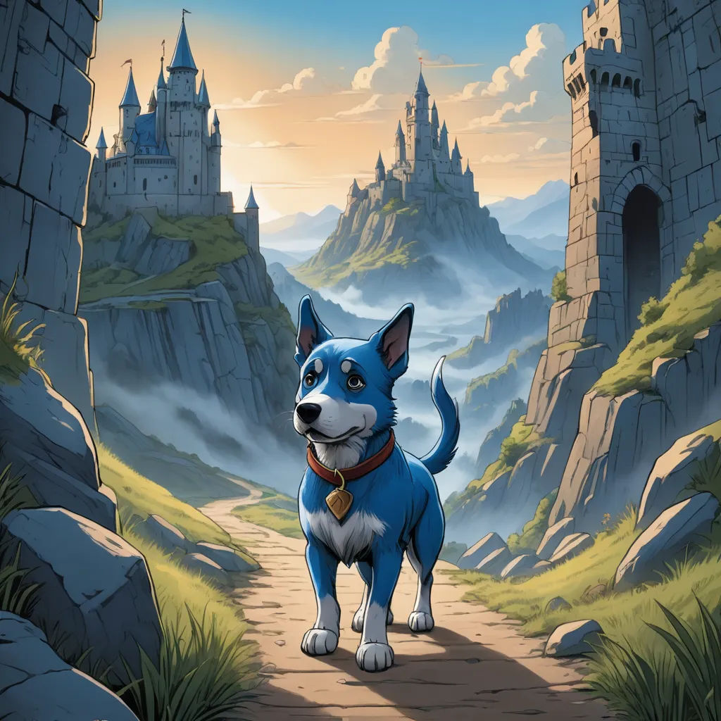 a cartoon dog standing on a path in front of a castle with a dog collar on it's neck, fantasy art, a storybook illustration, Chris LaBrooy, official art