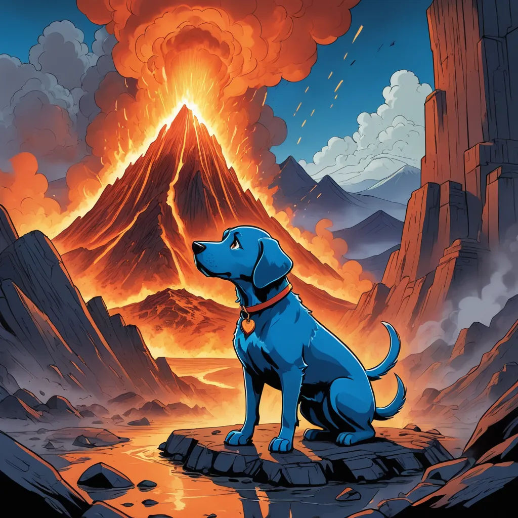 a dog sitting on a rock in front of a volcano with lava and lava in the background, with a red and blue sky, sots art, poster art, Dan Mumford, comic cover art