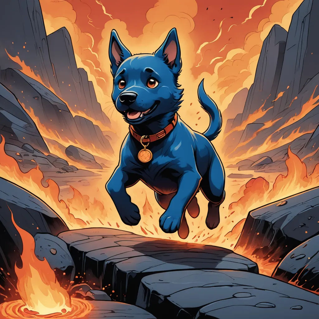 a cartoon dog is jumping over a fire pit with a gold medal on his collar and a gold medal around his neck, furry art, concept art, Chris LaBrooy, comic cover art