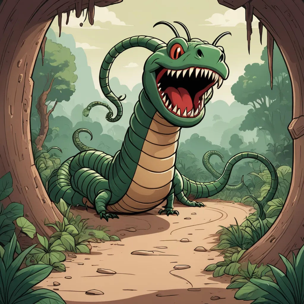 a cartoon green snake with its mouth open and teeth wide open in a forest scene with a path leading to a tree, cobra, a storybook illustration, Chris LaBrooy, storybook illustration