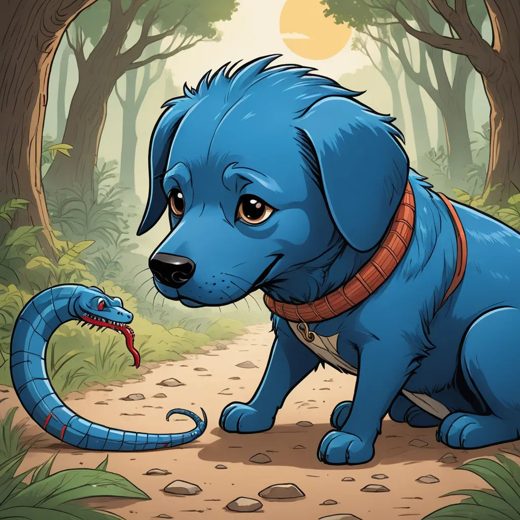 a blue dog with a red collar and a snake on its leash in the woods with trees and rocks, cobra, a storybook illustration, Chris LaBrooy, storybook illustration