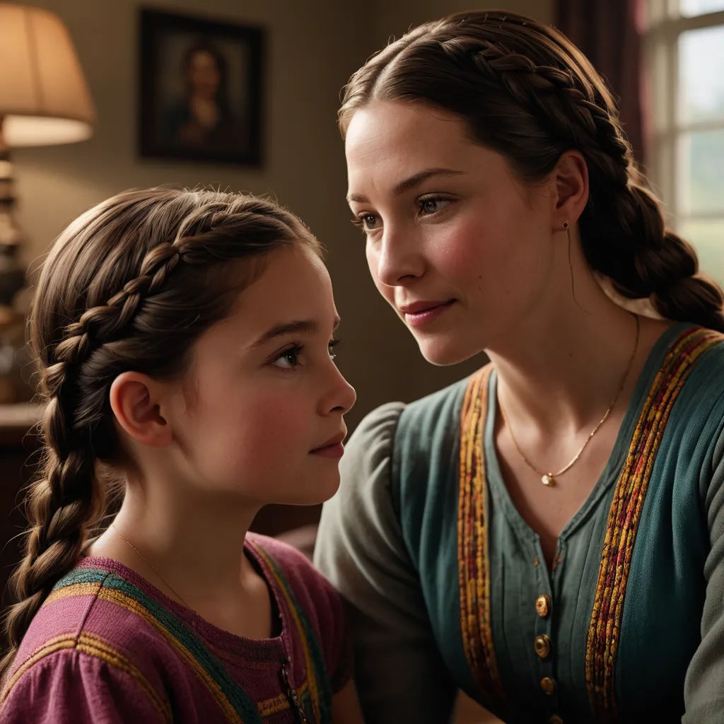 a woman and a girl are sitting together looking at each other and smiling at each other with a lamp on the side, aestheticism, a poster, Anne Said, movie still